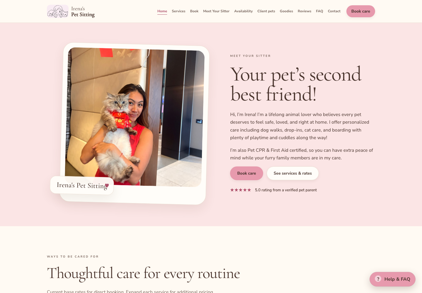 Homepage of irenaspetsitting.com, showing the Irena's Pet Sitting logo, the headline "Your pet's second best friend!", a Book care button and a photo of the sitter holding a cat.